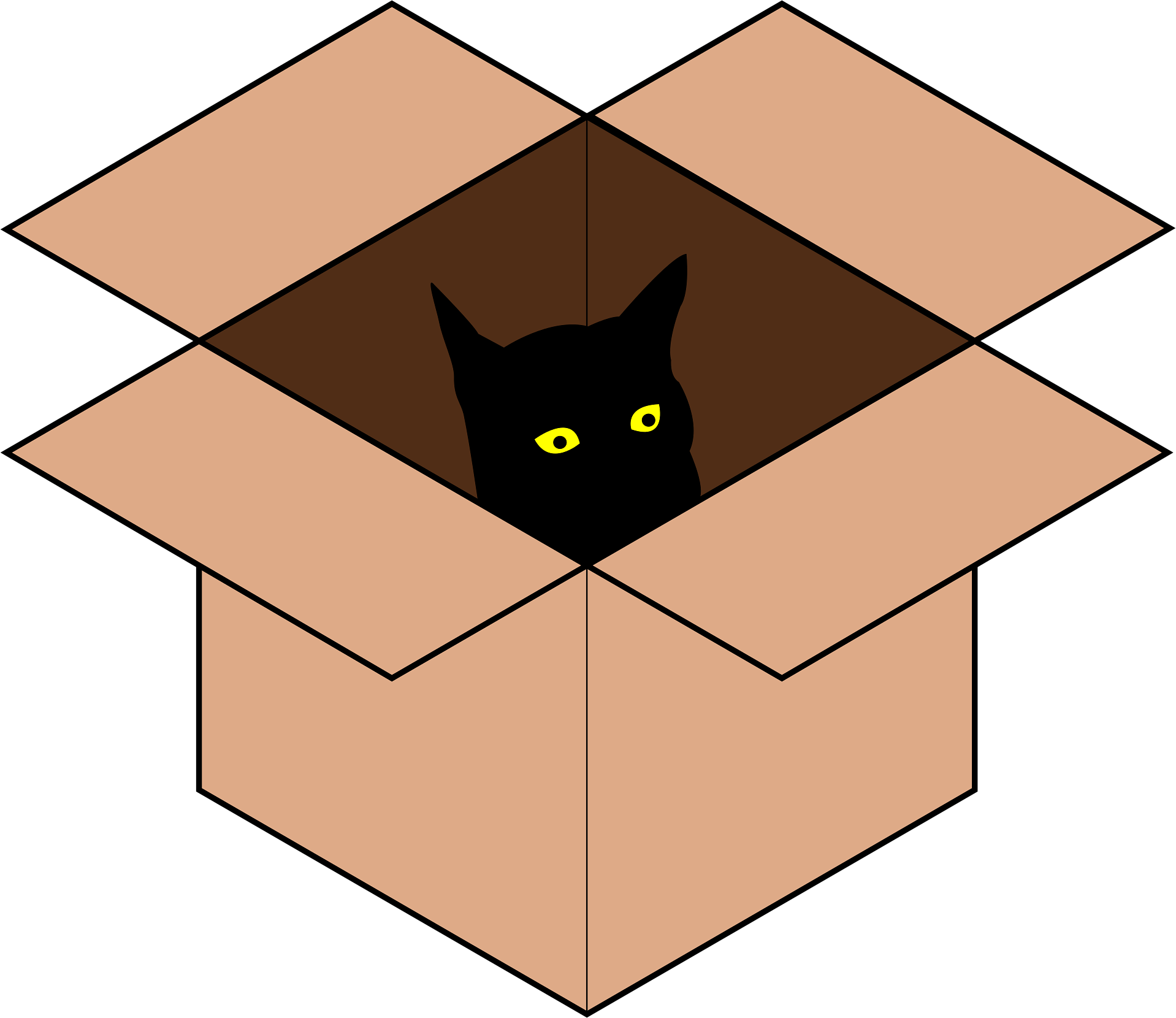 black cartoon cat peaking out of a box