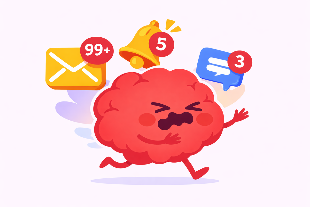cartoon brain running from notifications